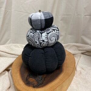 Pumpkin Handmade Set of 3 Black Corduroy Botanical Print & Buffalo Plaid fabric